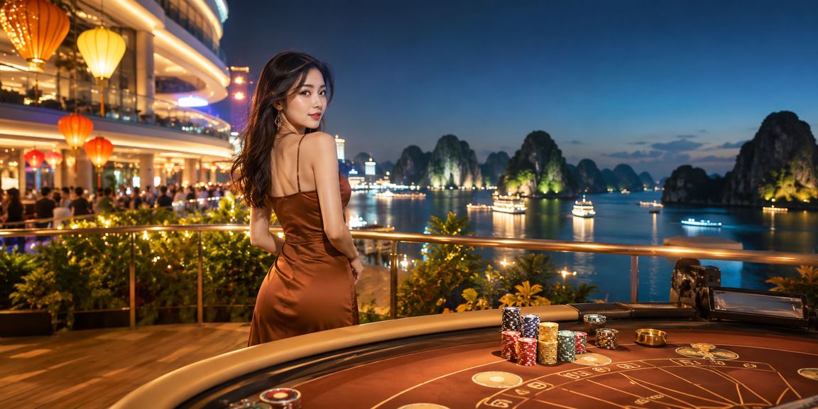 Người dùng thưởng thức cà phê buổi sáng tại Hạ Long Bay và chơi Baccarat trên điện thoại